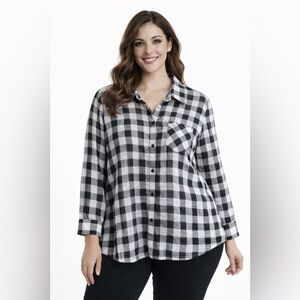 Grey and White Plaid Sheer Button Down Shirt